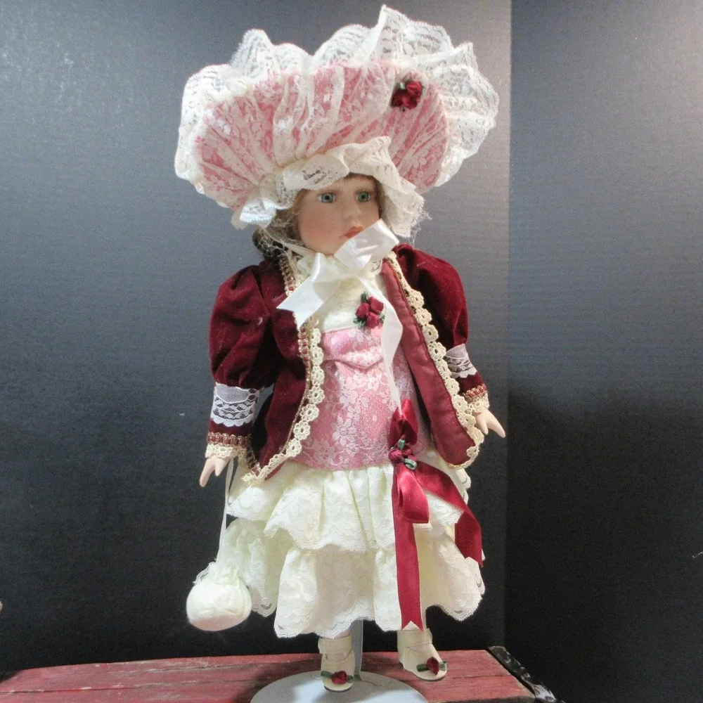 VTG Porcelain Doll in Victorian Burgundy Velvet & Lace Dress with Hat - 16